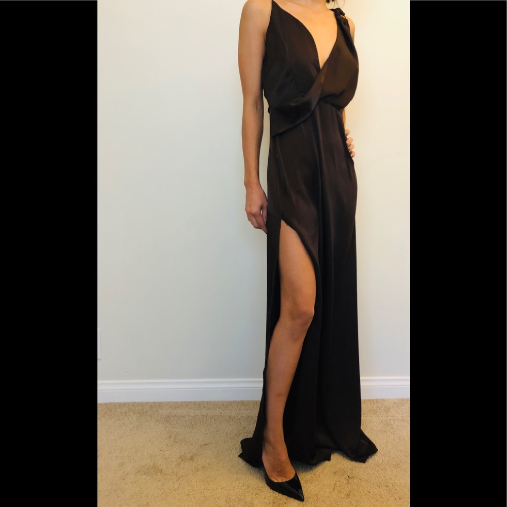 Chocolate satin asymmetric dress